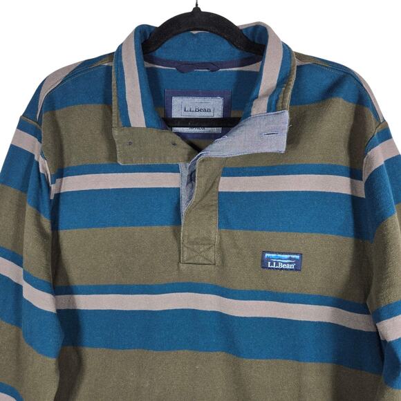 L.L. Bean Rugby Shirt Men M Blue Tan Stripe Heavyweight Cotton Vintage Style - Picture 2 of 12